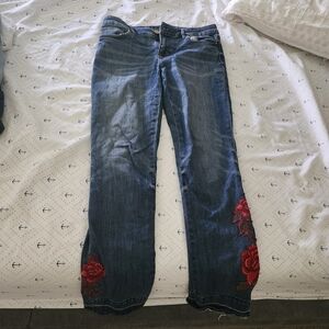 Straight Leg Jeans with Red Rose Floral Embroidery Patches WHBM